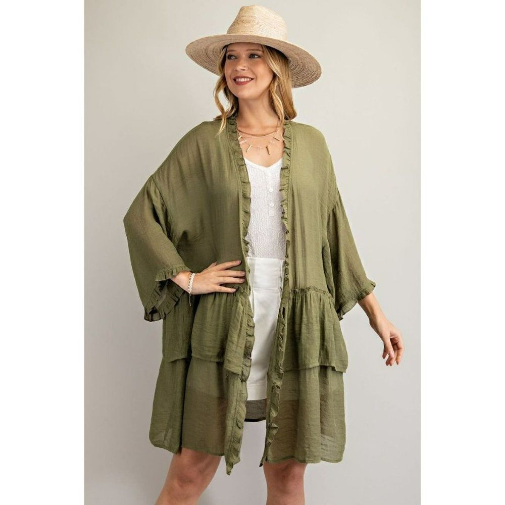 Easel Light Half Sleeve Double Ruffled Open Long Cardigan Fresh Olive S-L ET3297